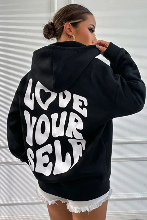 Kapüşonlu Sweatshirt Oversize Love Your Self Baskılı 3 Iplik Şardonlu %100 Pamuk